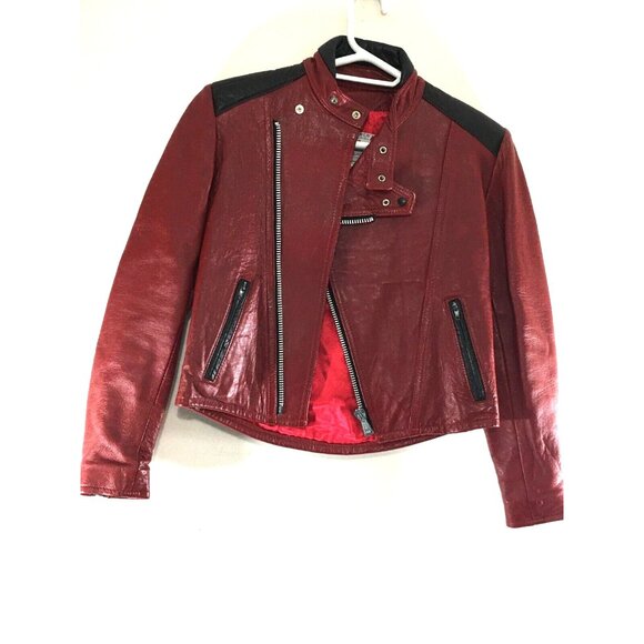 VTG 70’S WOMEN'S BOMBER LEATHER JACKET RED/BLACK ARM PATCHES BY BAINTON SZ 10 - Picture 1 of 6